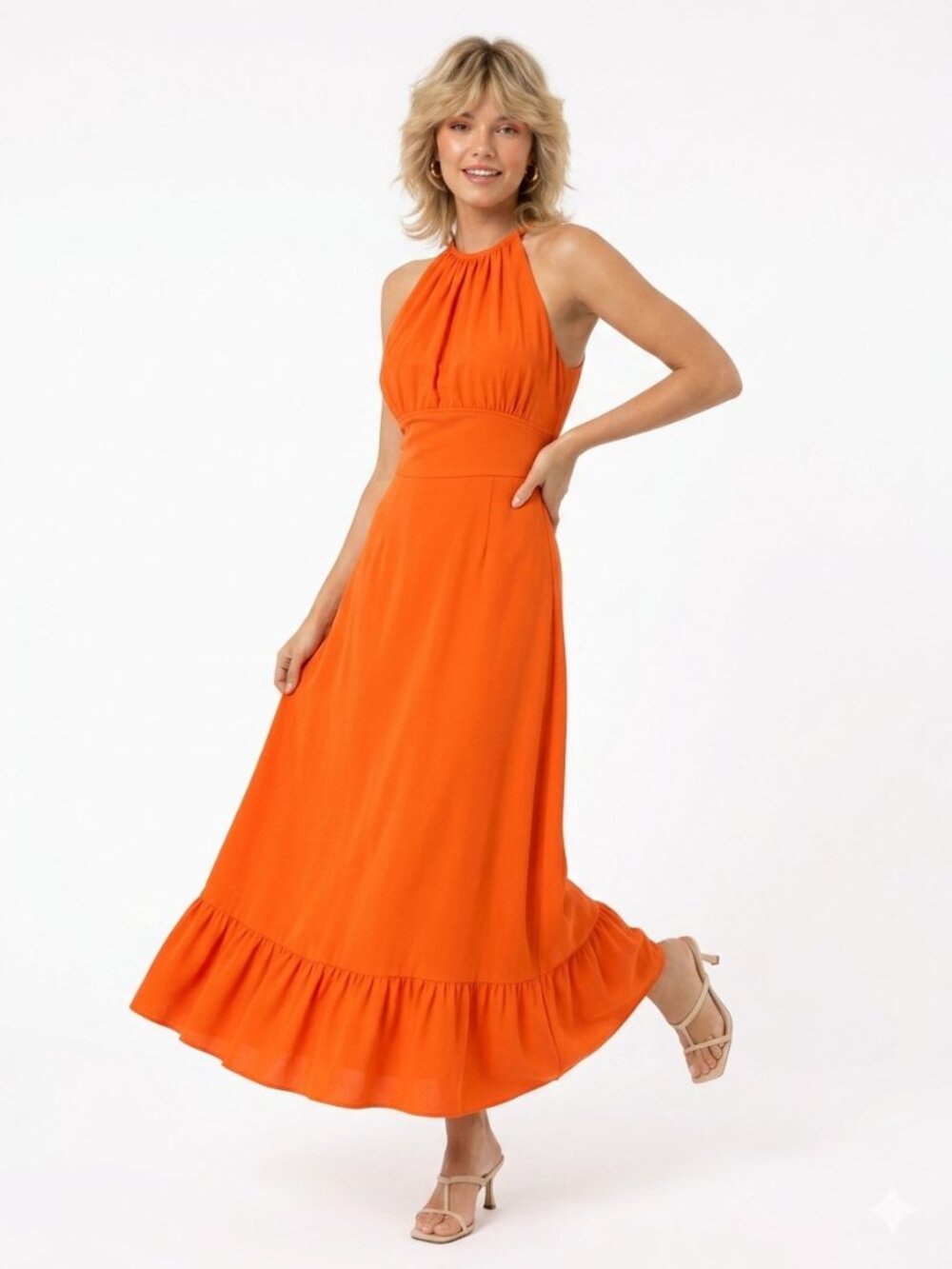 Vintage 70s Halter Neck Long Maxi Dress Ruffle Trim Orange XS